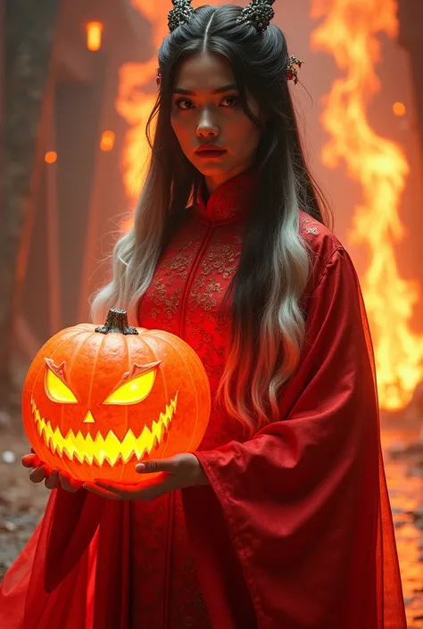 A black-haired queen with white hair ends in a red Chinese dress, holding a Halloween Glow pumpkin, with an orange aura surrounding her body, powerful and magnificent. . Close-up, 4K clarity,action sci-fi,Best quality, Glow, 