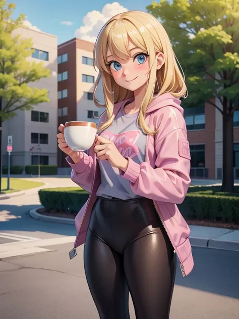 1girl, solo, blonde hair, blue eyes, a woman in her early 20s, she’s a freshman sorority girl, her appearance reflects her whimsical and bubbly personality. (holding a coffee cup:1.3). (Wearing: opened pink furred jacket, loose and baggy grey shirt, tight ...