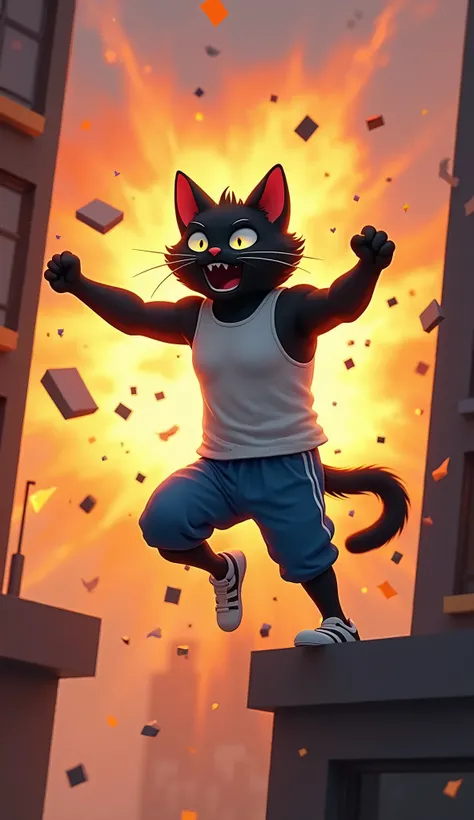 An anthropomorphic black cat with a big, muscular body stands on the edge of a second-floor window, wearing a white sleeveless shirt and blue sport pants. An explosion propels him backward, creating a dramatic moment as he struggles to regain balance. The ...