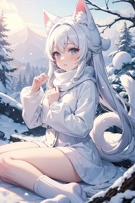 Anime furry girls, Triple white tails ,Softy White Turtle Neck  ,aesthetic cropped  White Socks , Snow Scarf , White skin , white hair , trendy cat ears floppy hat