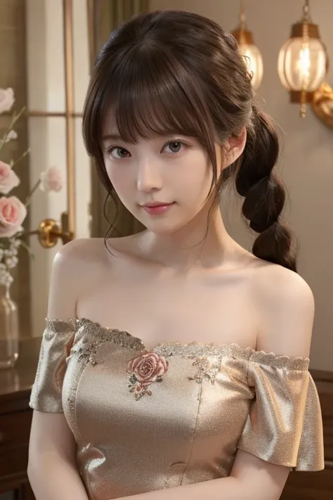 Nice, beautiful, cute, baby face, 20 years old, White skin, Sleeveless, , ((Clevis)), Small Treasure Chest, ((Rose Gold Color)) ((Off-the-shoulder Chinese dress)), Lace Chinese Dress Embroidered Chinese Dress, , Japanese vintage Japanese style room backgro...