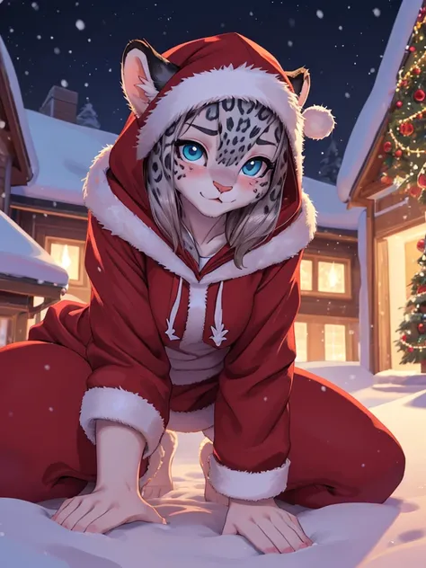 Lonely Christmas , Snow Leopard Girl , Watching families passing by, A hoodie with a Christmas design
, ( soft focus , Shallow focus , soft light) , Mature , Euphoria , glossy lips , moist eyes , coquettish , bold action , flasher , Insane , fabulous , sen...