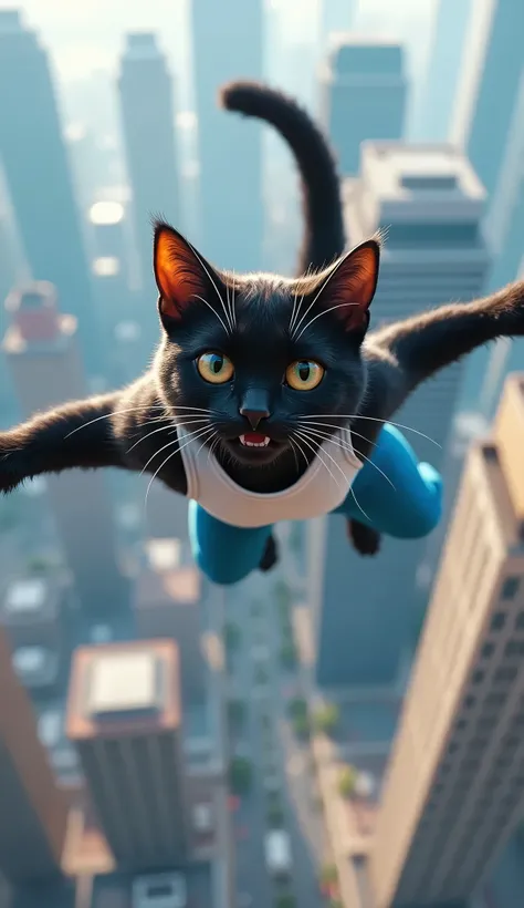 Time slows as an anthropomorphic black cat with a big, muscular body, wearing a white sleeveless shirt and blue sport pants, plummets dramatically toward the ground. The scene captures the intense moment of descent, with the cats expression reflecting dete...