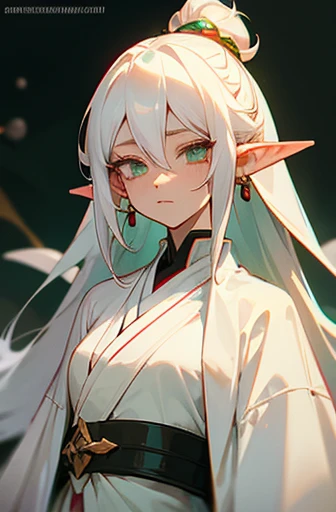 White hair, long, elf, female, anime style, white robe, dark green eyes, thin red pearl earrings