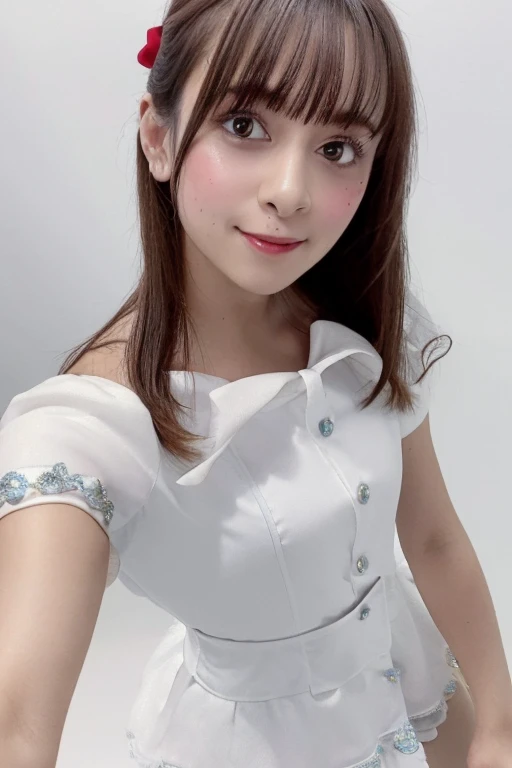 One Woman, Beautiful woman in Cure White costume，Small breasts and delicate body, All white background,  Detailed face, Beautiful Eyes, Beautiful Lips, double eyelid, A kind smile,  Sunburn, Pubic hair tips, (Best Quality, 8k, masterpiece:1.3), Front and f...