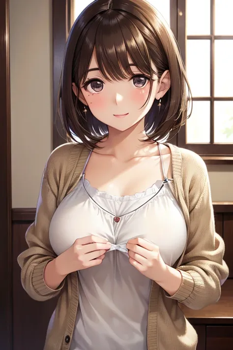 my grandmother、Shiny brown hair, Short Hair, (Beautiful brown eyes、Sparkling eyes, Fine grain)、smile、Ultra-detailed eyes、非常にDetailed face, Highly detailed eyes,


Open chest、cardigan、Laughter、room、8k、Delicate face、Detailed face、Simple Background