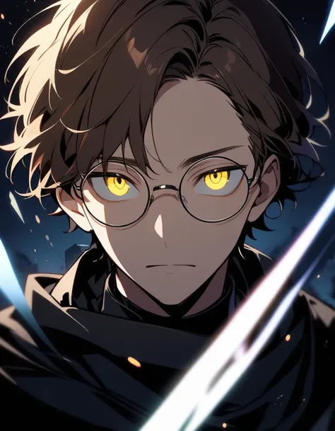 One Person, Closeup, Adult Male, Brown Hair, Short Hair, Light Yellow Eyes, Round Glasses, Black Cloak, Poker Face, Night Sky, Black Aura, 