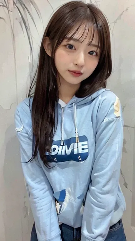 ID photo of one girl, solo, Long Hair, Look at, blue eyes, Brown Hair, accessories,Wearing denim color hoodie