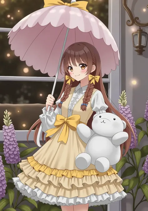 1girl, solo, long hair, looking at viewer, bangs, brown hair, long sleeves, dress, bow, holding, brown eyes, standing, braid, flower, hair bow, outdoors, frills, twin braids, umbrella, stuffed toy, frilled dress, stuffed animal, yellow bow, ta fashion, ted...