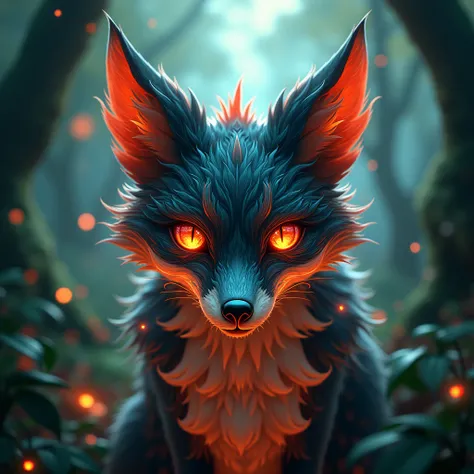 realistic 3d render, demonic fox, japanese mythology, beautiful detailed eyes, beautiful detailed lips, extremely detailed face, longeyelashes, magical glowing aura, mystical forest background, intricate ornate details, cinematic lighting, dramatic composi...