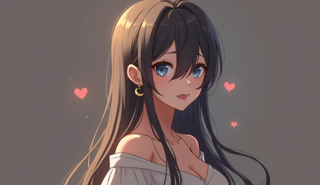 One girl, solo, Long Hair, High resolution, chest, blue eyes, Simple Background, Black Hair, Sticking out tongue, masterpiece, Best Quality, Long Hair, とてもLong Hair, Bangs between the eyes, Hair blowing in the wind, 大きなchest, Crescent Earrings, saliva, Dro...