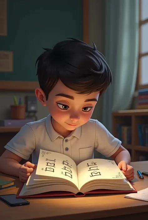 Generate an Image of a student holding Arabic Alphabets book, his eyes should be on the book and there should be clear mentioning of first 10 alphabets

