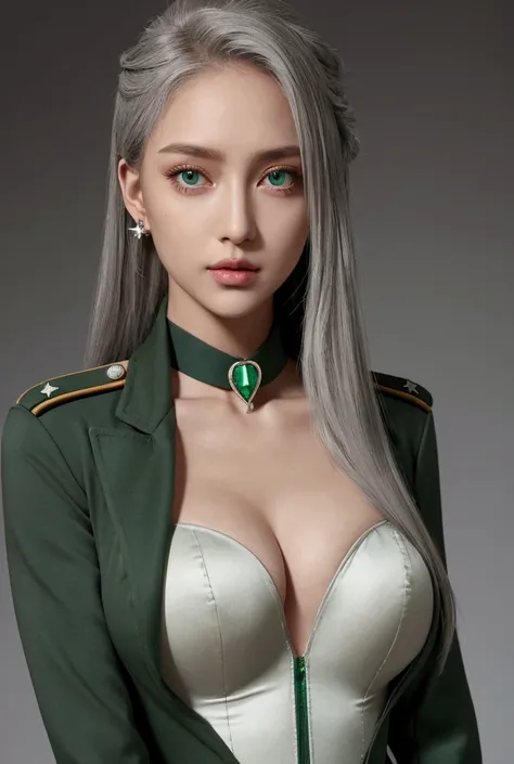 Woman in military medical uniform with cleavage on her breasts, high, Long silver hair, emerald green eyes, light skin, sexy hourglass body, big breasts, crystal earrings on one ear, stethoscope around the neck