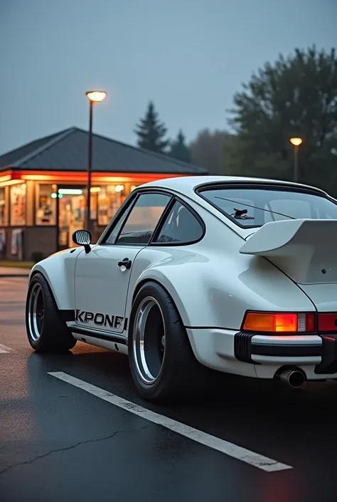 White TypeR car parked in a parking lot with a convenience store behind. Porsche RSR Wide Body RWB Porsche 911 Porsche 9 1 1 Porsche 80s white sports car Porsche 911 1974 Side view Restored Full body view