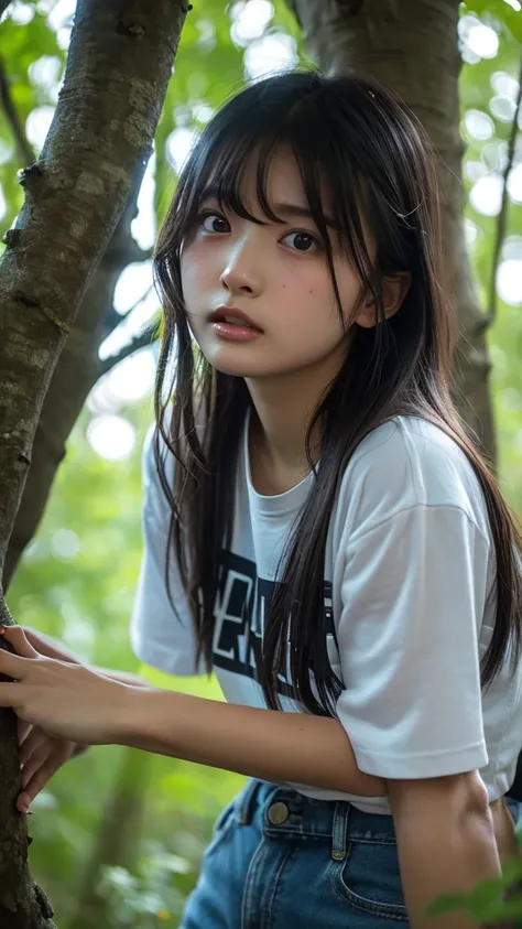 Long neck,Browsing Caution,Large Breasts, Please redeem,Ultra-high resolution,1 person,(Big close up of face),Black Hair, bangs, Cool look,Look up,Beautiful and exquisite face,Fine and beautiful skin,Skin Texture,VANS T-shirt、Tight denim shorts、 In the woo...