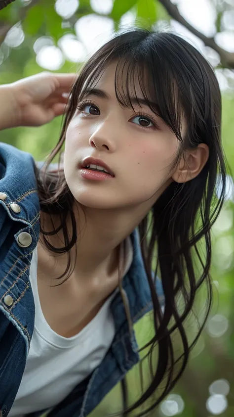 Long neck,Browsing Caution,Large Breasts, Please redeem,Ultra-high resolution,1 person,(Big close up of face),Black Hair, bangs, Cool look,Look up,Beautiful and exquisite face,Fine and beautiful skin,Skin Texture,VANS T-shirt、Tight denim shorts、 In the woo...