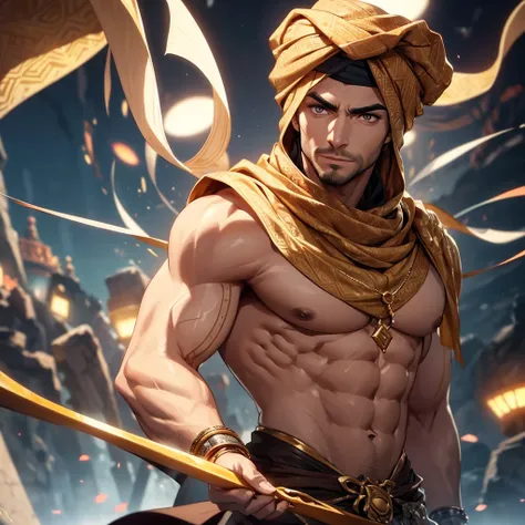 (muscular man, Arabic features, wearing a patterned dress, brown turban, Handcrafted from white light, Hazel eyes, Strong body, muscular:1.2), Best quality, 4K, 8k, High resolution, Very detailed:1.2, Super detailed, real, photoreal, photo-real:1.37, High ...