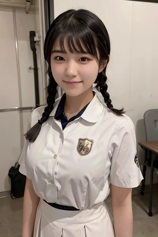 Draw in detail，Best Quality，8k，Japanese，High school girl，Short black hair in twin braids，Straight cut bob-like bangs，Big Breasts，Breast Tent，Student Uniform，A modest smile，Droopy eyes，Unfortunate Beautiful Girl