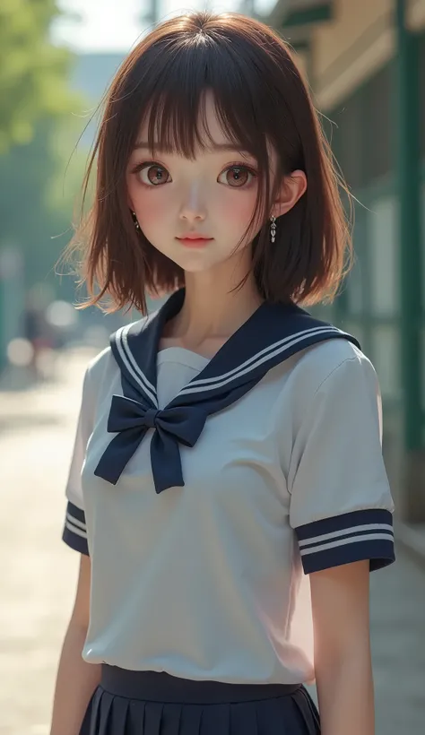 perfect composition, Proper placement, Extreme close-up, Beautiful Japanese Women, Glowing Skin, (Sweating:1.8), Brown Hair, Medium Hair, Brown eyes:1.21, Clear Eyes, Perfect Anatomy, Small head, The classic sailor uniform from a prestigious metropolitan h...