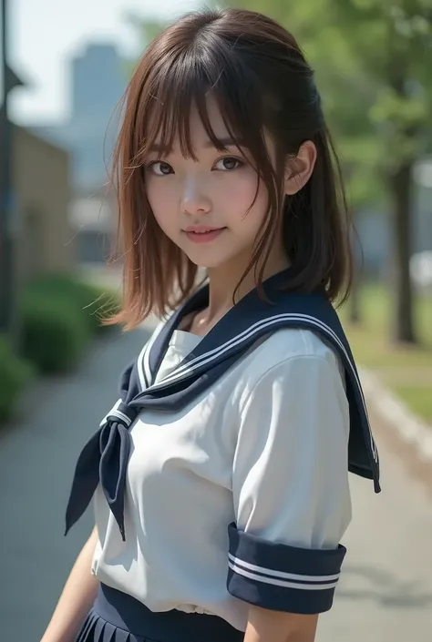 perfect composition, Proper placement, Extreme close-up, Beautiful Japanese Women, Glowing Skin, (Sweating:1.8), Brown Hair, Medium Hair, Brown eyes:1.21, Clear Eyes, Perfect Anatomy, Small head, The classic sailor uniform from a prestigious metropolitan h...