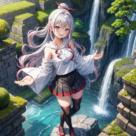 Rainbow red and silver hair、Rainbow Eyes、Wavy Hair、Hair tied up、Two cute、Checked mini skirt、Black T-shirt、Long sleeve、wearing a hood、Black knee-high socks、Teeth are visible、Ice Castle、Tilting face、lawn、In front of the city gate、The stone is cracked、Uneven ...