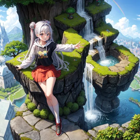 Rainbow red and silver hair、Rainbow Eyes、Wavy Hair、Hair tied up、Two cute、Checked mini skirt、Black T-shirt、Long sleeve、wearing a hood、Black knee-high socks、Teeth are visible、Ice Castle、Tilting face、lawn、In front of the city gate、The stone is cracked、Uneven ...