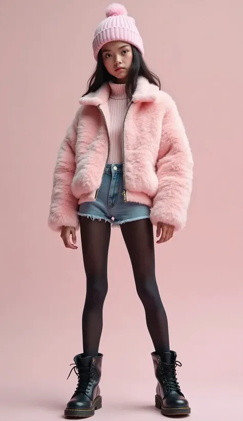 (pastel pink fluffy boa fabric, fluffy fleece fabric),
(pastel pink fluffy boa jacket), long sleeves, high neck with half zip, (zip-up:1.3),
(pastel pink knit watch cap),
slim-fit denim hot shorts, (full size black pantyhose),
black boots,