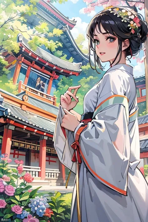 (Best Quality,4K,8k,High resolution,masterpiece:1.2),Very detailed,(Realistic,photoRealistic,photo-Realistic:1.37),Shrine maiden、Black Haired Beautiful Girl、Perfect beauty、Standing、The top is a white shrine costume.、The bottom is a white outfit with red ar...