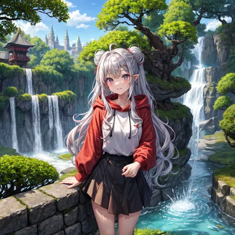 Rainbow red and silver hair、Rainbow Eyes、Wavy Hair、Hair tied up、Two cute、Checked mini skirt、Black T-shirt、Long sleeve、wearing a hood、Black knee-high socks、Teeth are visible、Ice Castle、Tilting face、lawn、In front of the city gate、The stone is cracked、Uneven ...