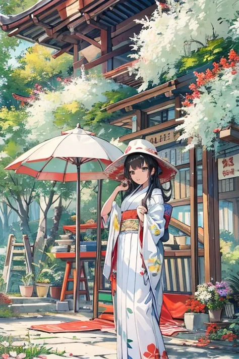 ,Shrine maiden、Black Haired Beautiful Girl、Perfect beauty、Standing、The top is a white shrine costume.、The bottom is a white outfit with red around it、Waiting next to the shrine before dancing、One Girl, Vibrant colors,Beautiful cute girl,Shrine maiden風,Happ...