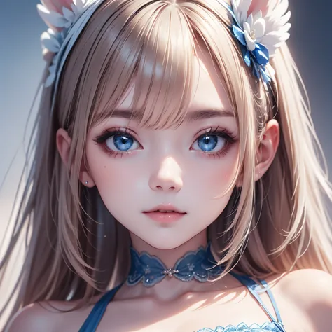 high resolution, blue long hair, angel、bunny girl、detailed face and skin、outstanding style