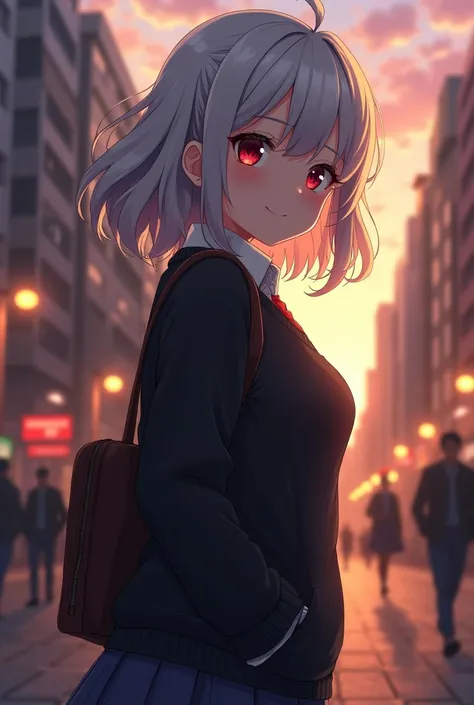 best quality, ultra-detailed, extremely detailed C, anime, 1 girl, solo, solo focus, short hair, silver hair, wavy hair, tired hair, red eyes, tsurime, POV, dutch angle, large breasts, determined, anime, 1 girl, Alone, Solo Focus, Mature Woman, autumn, aut...