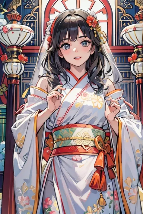 ,Shrine maiden、Black Haired Beautiful Girl、Perfect beauty、Standing、The top is a white shrine costume.、The bottom is a white outfit with red around it、Waiting next to the shrine before dancing、One Girl, Vibrant colors,Beautiful cute girl,Shrine maiden風,Happ...