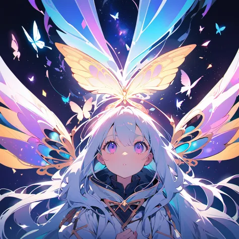 One Woman,Archangel((Galaxy Wings,butterfly,Infinite Depth,grow up,Very mysterious,close)) background(Cyber World) Serious expression,Looking up diagonally, Pure white long hair,風に吹かれている ネオンカラーとても輝いている butterfly,Super mysterious Japanese anime style