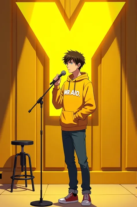 Create a image of "A 25 years anime boy,Standing in a auditorium with a mike with stand,Wearing yellow hoodie with a channel Name on it " MR AIO". The background with yellow colour includes a large " Y " logo on the wall, stoule on left side.