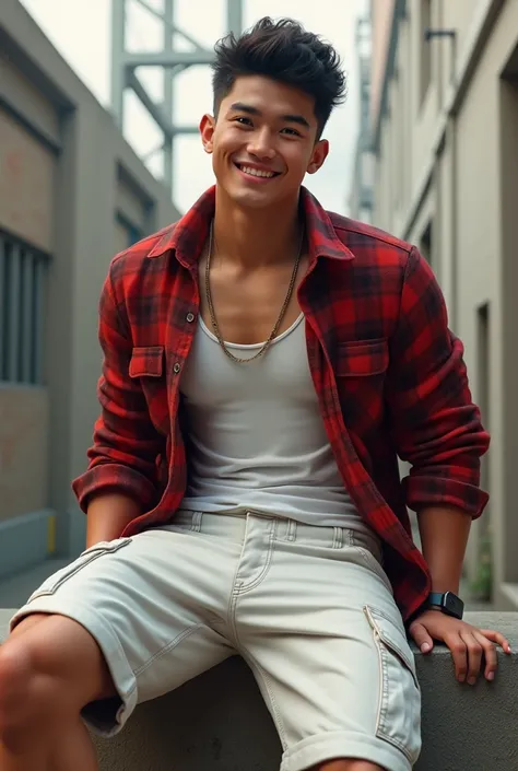 A handsome muscular boy wearing white singlet, red flanel shirt, and white short cargo pants, sitting on the concrete wall, posing peace sign and smiling, photorealism