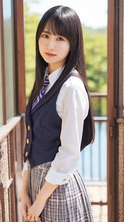 one girl,checked skirt,navy blue vest,tie,(raw photos, best quality),,(moonlight:1.4),,(realistic, photo-realistic:1.2), ,((23ye...