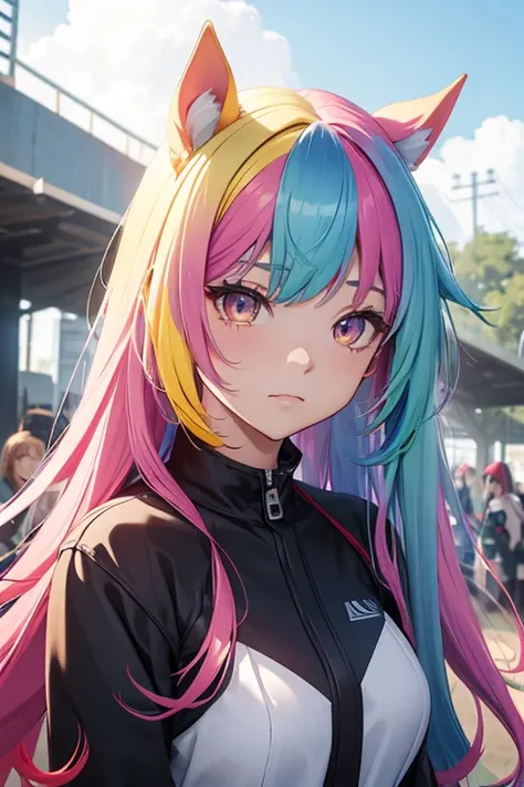 Horse Girl、Horse ears 、Rainbow hair colour、Gradient hair color、Long Hair、Red right eye、Yellow left eye、whole body、