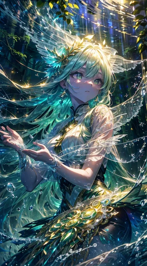 Ethereal forest guardian, flowing emerald hair intertwined with luminous vines, eyes reflecting ancient wisdom. Delicate fairy wings shimmer with opalescent hues. Intricate bark-like patterns adorn porcelain skin. Graceful pose atop moss-covered stone, sur...