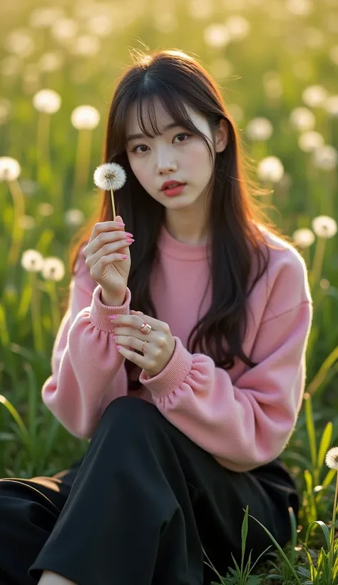 prompt
photography Art, medium closee-up, drone view, beautiful Korean woman with long straight hair and bangs, beautiful eyes, wear a warm pink sweater, black long skirt pants, black high heels, sitting on the grass, hand holding a dandelion flower, see c...