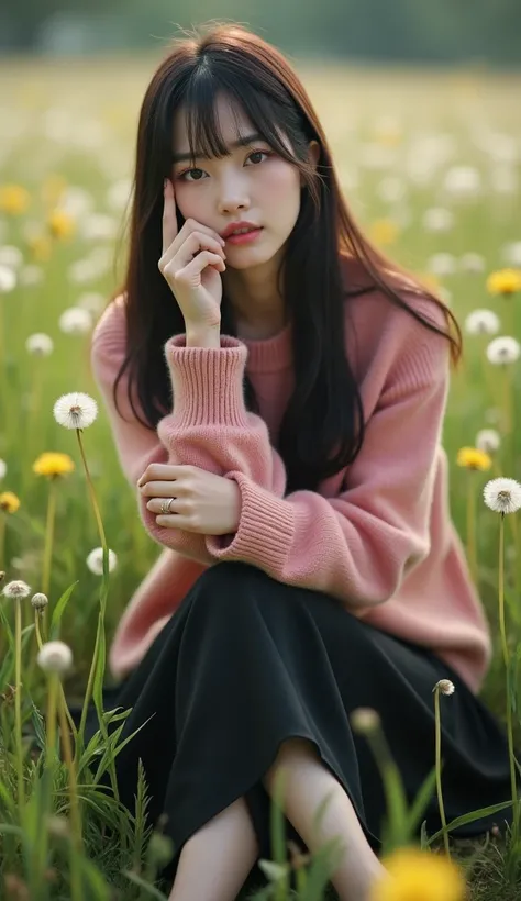 prompt
photography Art, medium closee-up, drone view, beautiful Korean woman with long straight hair and bangs, beautiful eyes, wear a warm pink sweater, black long skirt pants, black high heels, sitting on the grass, hand holding a dandelion flower, see c...