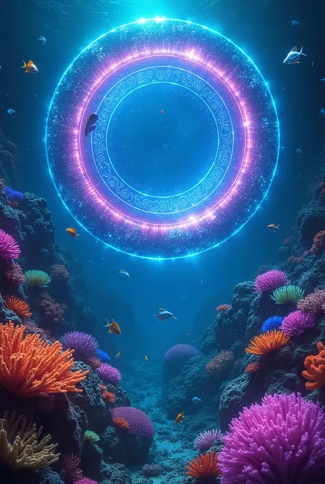 "A glowing neon circular portal hovers just above the ocean floor, radiating an intense blue and purple light, with hints of green flowing across its smooth, liquid-like surface. The portals rim is adorned with intricate alien symbols, faintly pulsing as i...