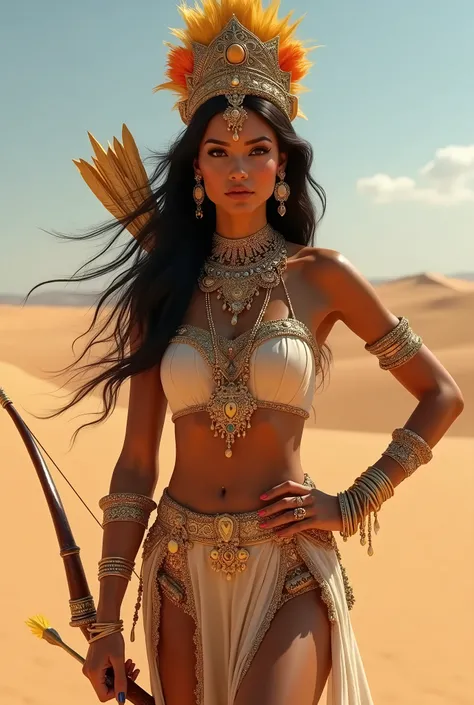 hyper realistic, ultra hd, vibrant colour portrait of a very beautiful woman, princess of desert dressed in a slim luxurious and ornate outfit with full Jewelry and gems bright light. She is standing in a Sahara desert landscape with sand dunes in the back...