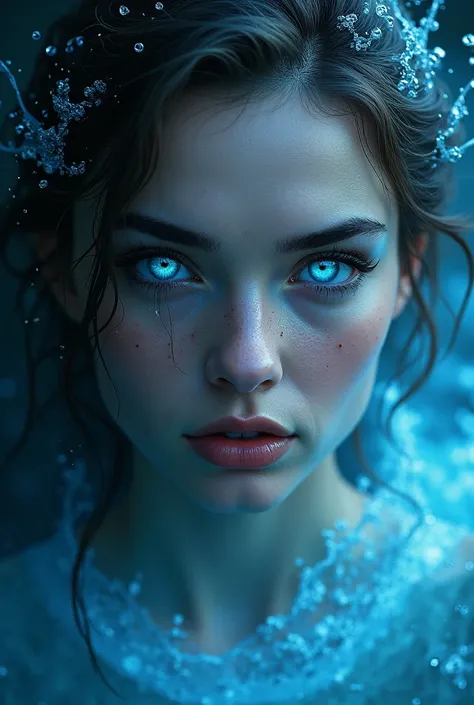 high resolution, masterpiece, Anatomically correct, The best quality, High details, Very detailed, High quality, Textured skin. woman with water powers, Dark colors, Blue eyes like crystal clear water. Sharp eyes, detailed face.