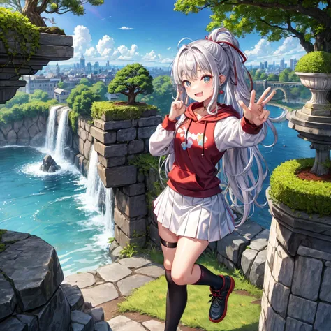 Rainbow red and silver hair、Rainbow Eyes、Wavy Hair、Hair tied up、Two cute、Checked mini skirt、Black T-shirt、Long sleeve、wearing a hood、Black knee-high socks、Teeth are visible、Ice Castle、Tilting face、lawn、In front of the city gate、The stone is cracked、Uneven ...