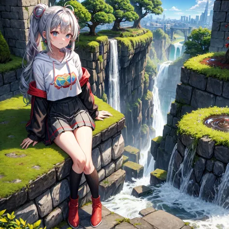 Rainbow red and silver hair、Rainbow Eyes、Wavy Hair、Hair tied up、Two cute、Checked mini skirt、Black T-shirt、Long sleeve、wearing a hood、Black knee-high socks、Teeth are visible、Ice Castle、Tilting face、lawn、In front of the city gate、The stone is cracked、Uneven ...