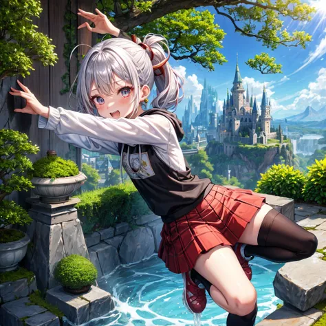 Rainbow red and silver hair、Rainbow Eyes、Wavy Hair、Hair tied up、Two cute、Checked mini skirt、Black T-shirt、Long sleeve、wearing a hood、Black knee-high socks、Teeth are visible、Ice Castle、Tilting face、lawn、In front of the city gate、The stone is cracked、Uneven ...