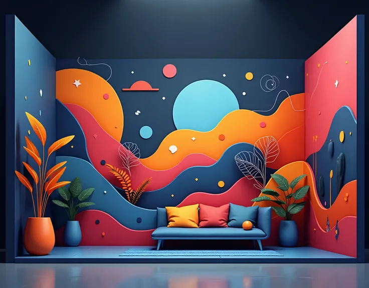 A 2D mural drawing on a #3d3d3d background, dark mode, strong lines, colorful, empty shapes, harmonious palette, simple characters, continuous shapes, well-defined forms
