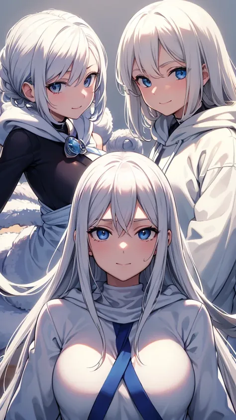 High Resolution, Masterpiece, Best Quality, Family, 3 person (Male and female), (Couple White Hoodie:1.1), white hair, (white backround:1.3), Anatomically Correct, sweat smile, looking at the viewer, Accurate, High Quality, Small Breasts, Blue eyes, 