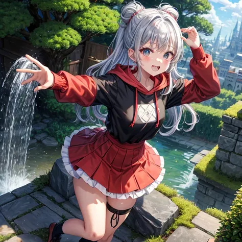 Rainbow red and silver hair、Rainbow Eyes、Wavy Hair、Hair tied up、Two cute、Checked mini skirt、Black T-shirt、Long sleeve、wearing a hood、Black knee-high socks、Teeth are visible、Ice Castle、Tilting face、lawn、In front of the city gate、The stone is cracked、Uneven ...